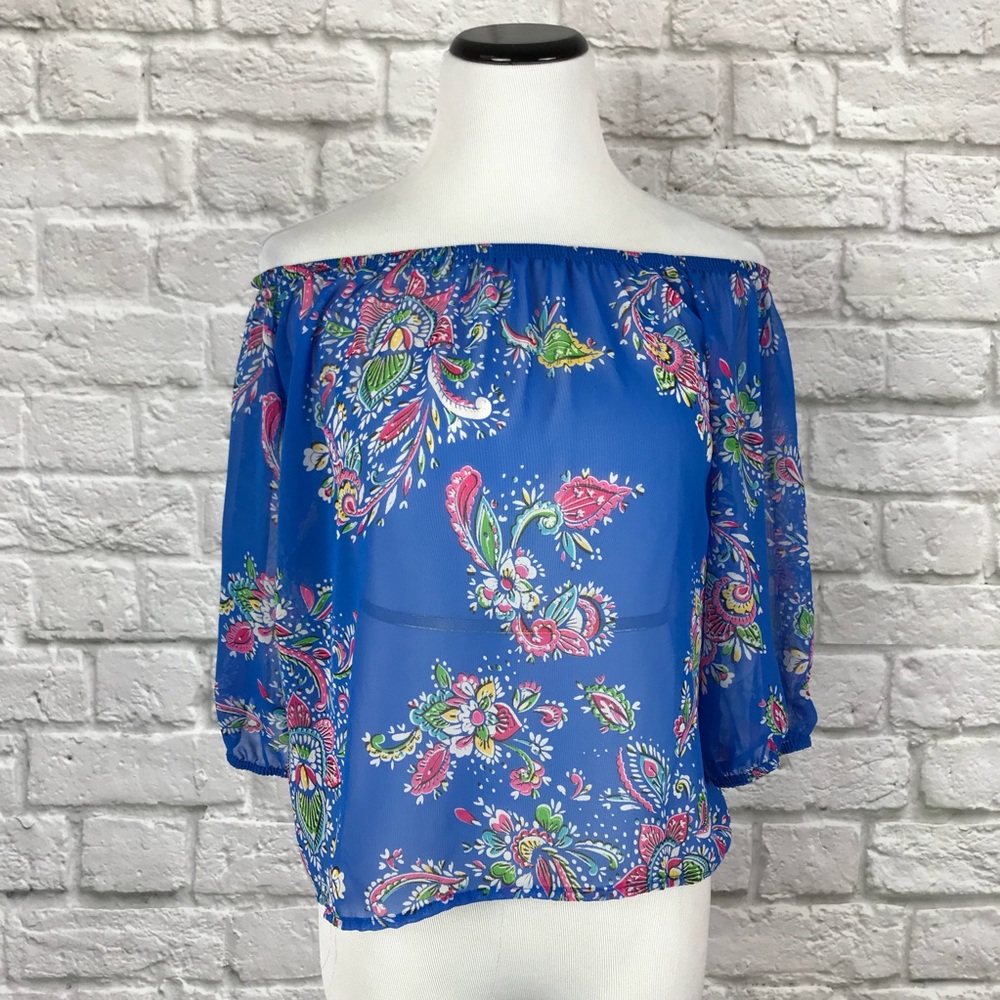 Tobi blue sheer off the shoulder top. Size XS